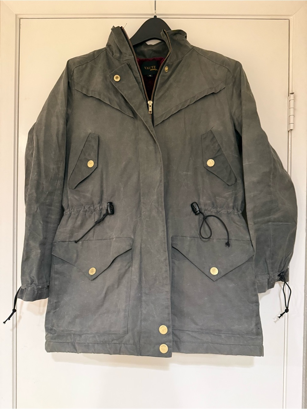Women’s Vaute Brooklyn Gray Waxed Cotton Coat with Burgundy Faux Fur Lining S